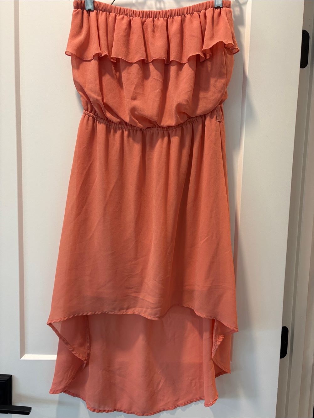 mine Coral Strapless Hi-Low Midi Dress